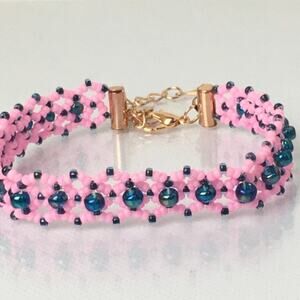 HANDMADE  Pretty Pink Metallic Blue Lacy Bracelet 7'' Rose Gold Findings